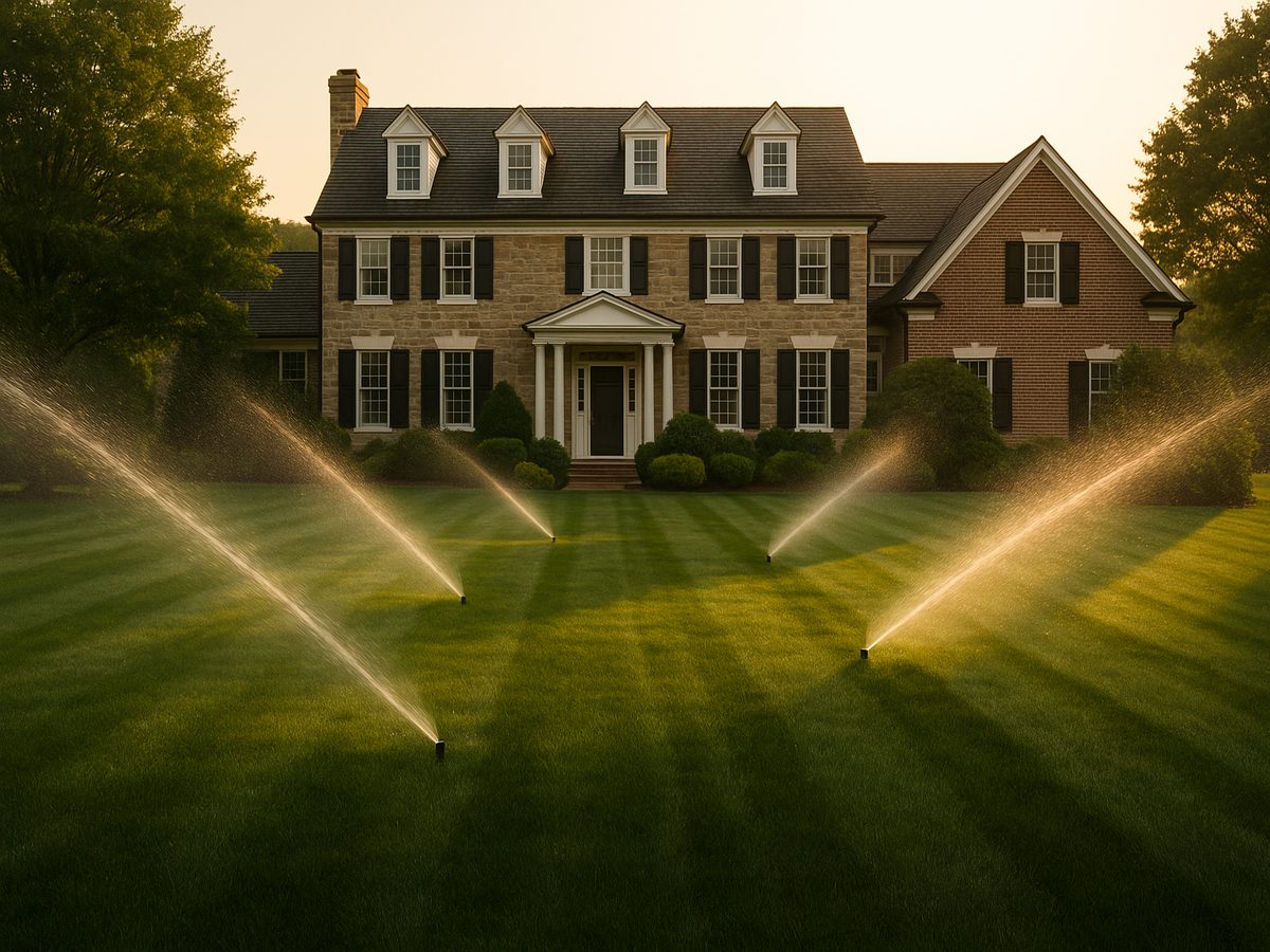 Professional irrigation sprinkler system watering a lush green lawn at a Chester County residential property