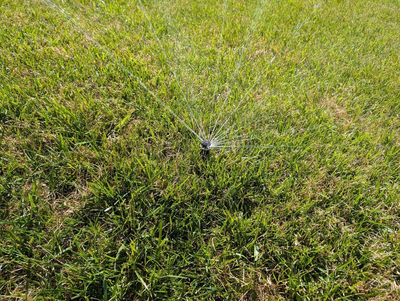Close-up of a rotary pop-up sprinkler head fanning water across a healthy green lawn during a sprinkler system tune-up